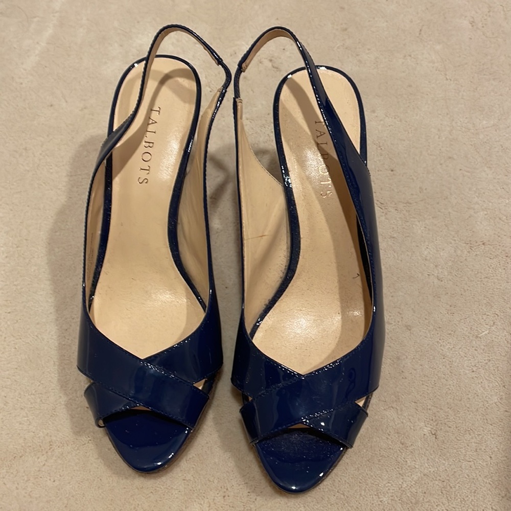 Talbots Blue Patent Leather Peep Toe Woven Wedge Heels Size 9
